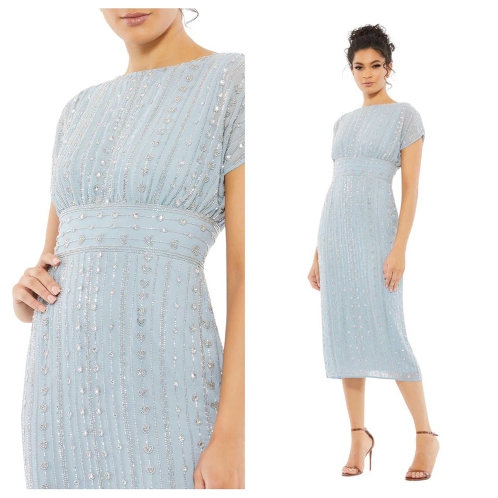 NWOT MAC DUGGAL Slate Blue Beaded Cap Sleeve Column Midi Dress Women’s